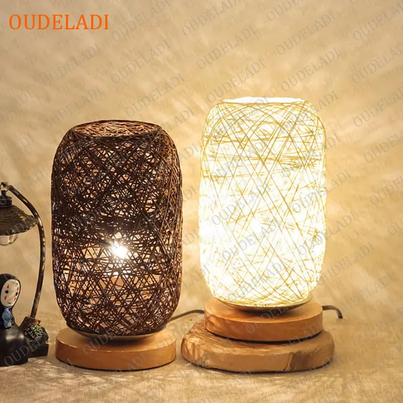 Lampe de chevet en rotin naturel - Abat-jour corde bois - Veilleuse USB et prise EU - Décoration salon chambre – Image 6