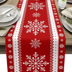 Chemin de table Noël lin imprimé flocon de neige réutilisable