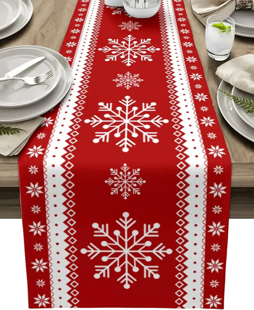 Chemin de table Noël lin imprimé flocon de neige réutilisable