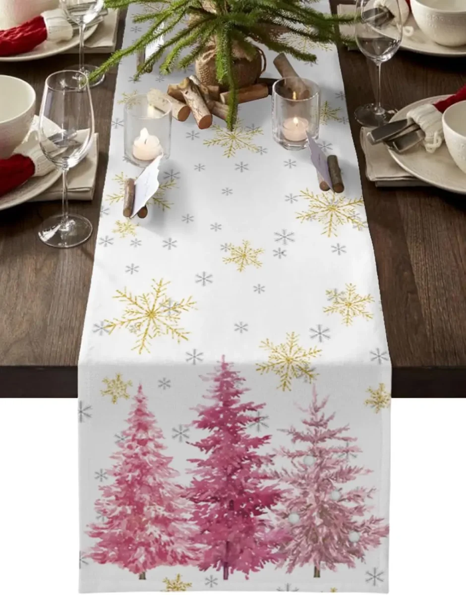 Chemin de table en lin imprimé sapin rose Noël élégant – Image 2