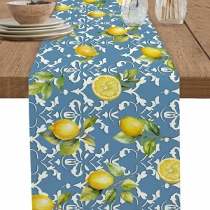 Chemin de table lin imprimé citron bleu, lavable, haute qualité