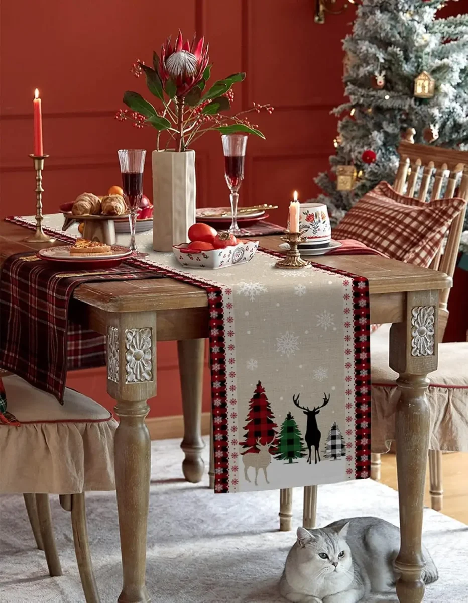 Chemin de table 100% lin écossais rouge et noir Noël – Image 6