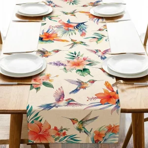 Chemin de table en lin imprimé colibri fleurs, décoration élégante.