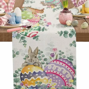 Nappe chemin de table lin imprimé Pâques œufs tulipes eucalyptus