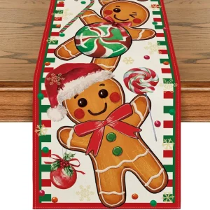 Chemin de table 100% lin imprimé Noël – décoration chaleureuse fête
