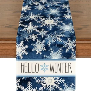 Chemin de table lin imprimé flocon de neige bleu