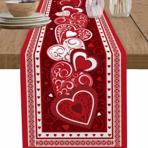 Chemin de table en lin cœurs rouges Saint-Valentin décor romantique