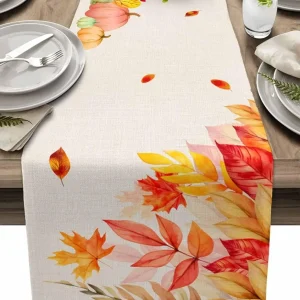 Chemin de table lin imprimé gnome feuilles d'érable lavable