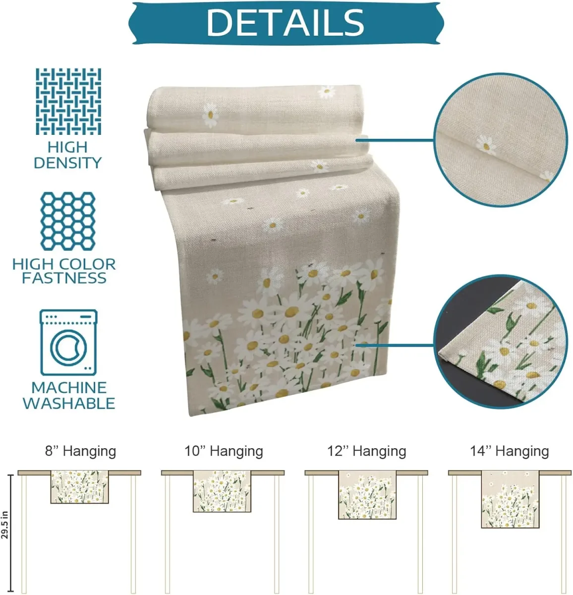 Chemin de table en lin imprimé marguerite blanc floral réutilisable – Image 7