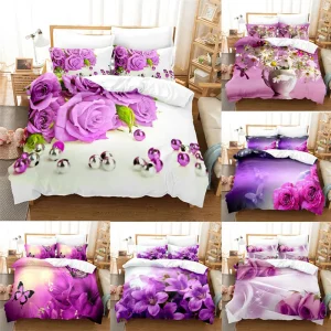 Housse de couette 200x200 fleur violette en polyester 100% - Parure de lit 3 pièces