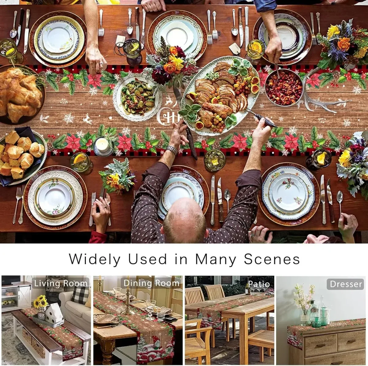 Chemin de table en lin Noël gnomes camion poinsettia rustique – Image 6