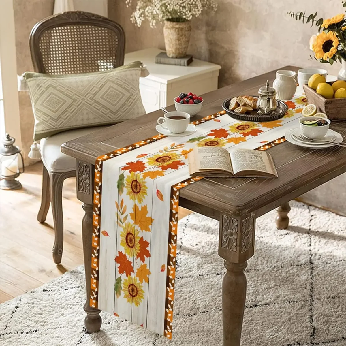 Chemin de table lin imprimé tournesols et feuilles d'érable – Image 5