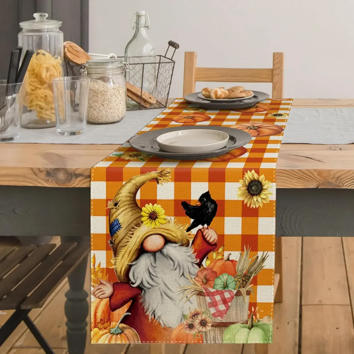 Chemin de table 100% lin imprimé automne citrouille tournesol gnome – Image 3