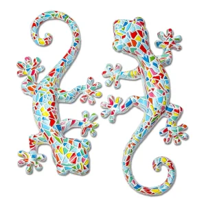 Décoration murale Gecko en résine 2 pièces pour jardin et intérieur - Lézard coloré