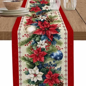 Chemin de table en lin imprimé Poinsettia Noël décor festif