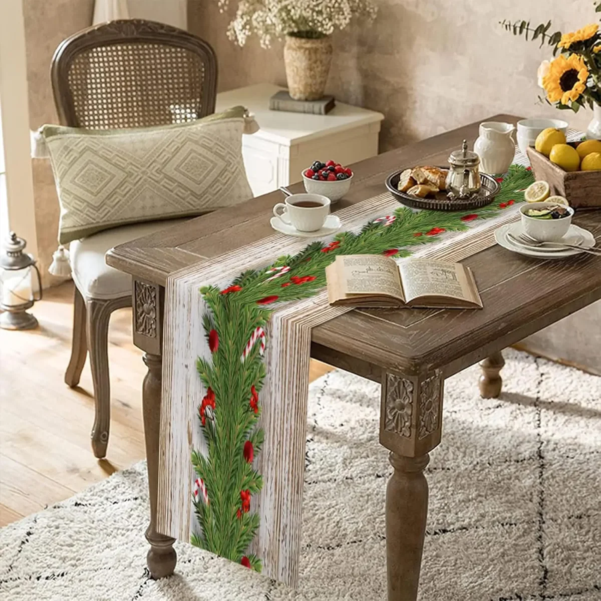 Chemin de table lin imprimé Noël — durable, décor festif élégant – Image 7