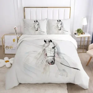 Housse de couette cheval blanc 3D taille reine - Ensemble literie animaux microfibre