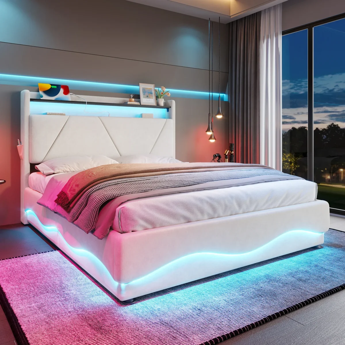 Lit capitonné 140x200cm avec tête de lit LED et rangement caché pour chambre moderne – Image 5
