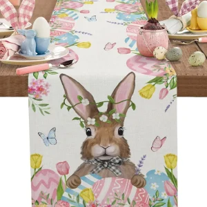 Chemin de table en lin imprimé Pâques lapin et tulipes