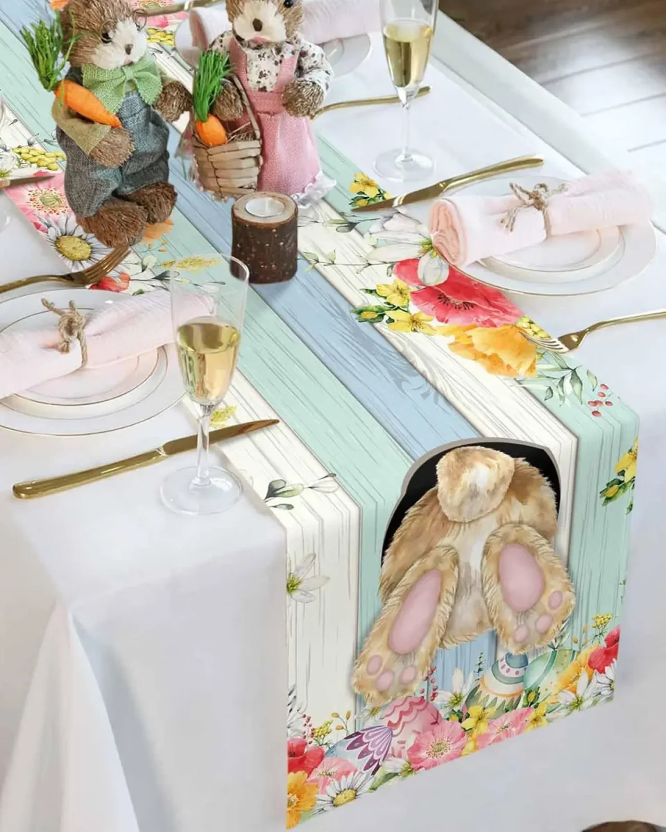 Chemin de table lin imprimé Pâques lapin œufs fleurs rustique – Image 4