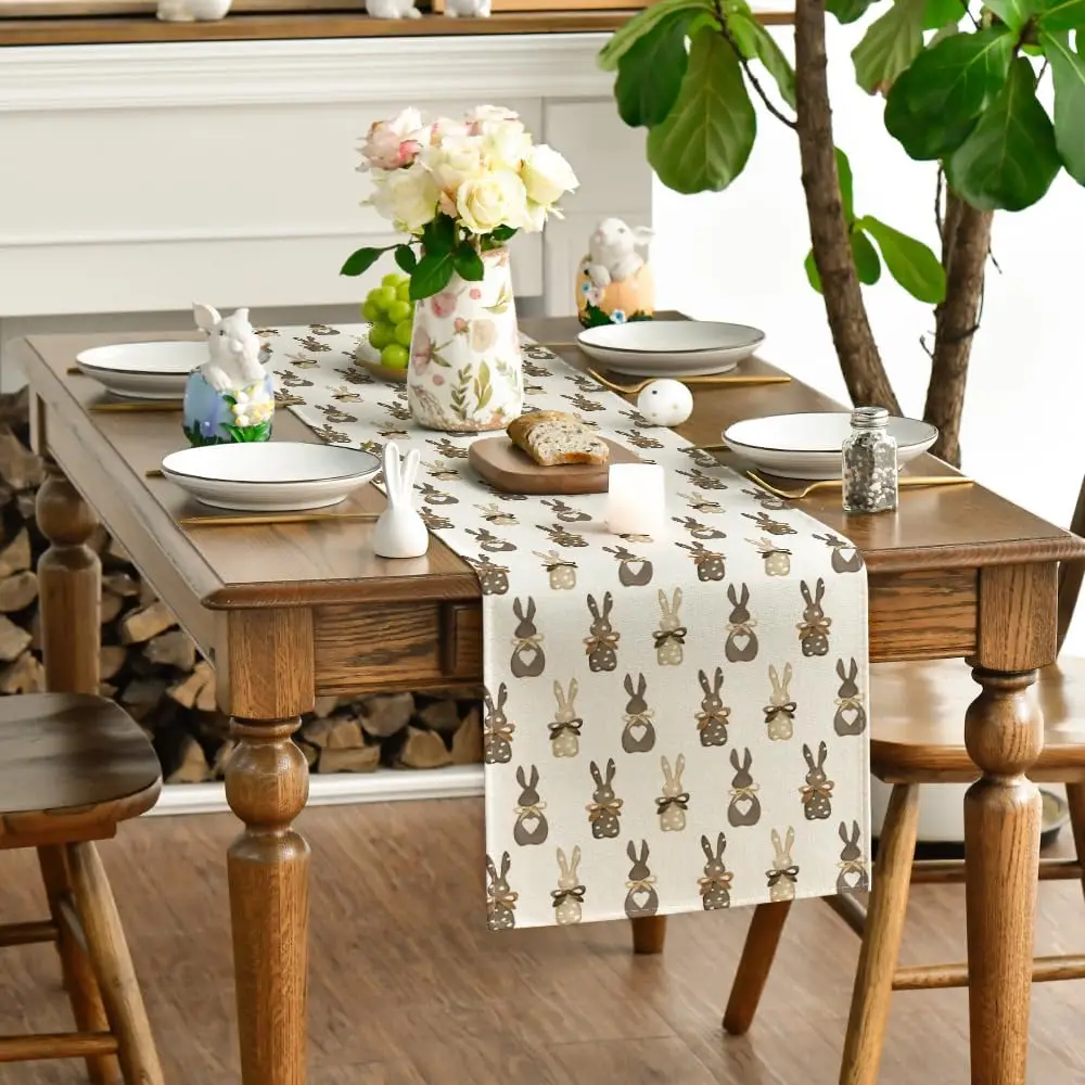 Chemin de table lin motif Lapins de Pâques pois printaniers – Image 4