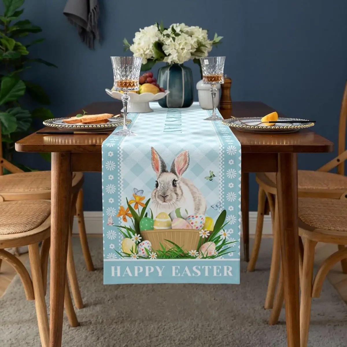 Chemin de table en lin imprimé lapin floral carreaux bleus – Image 3