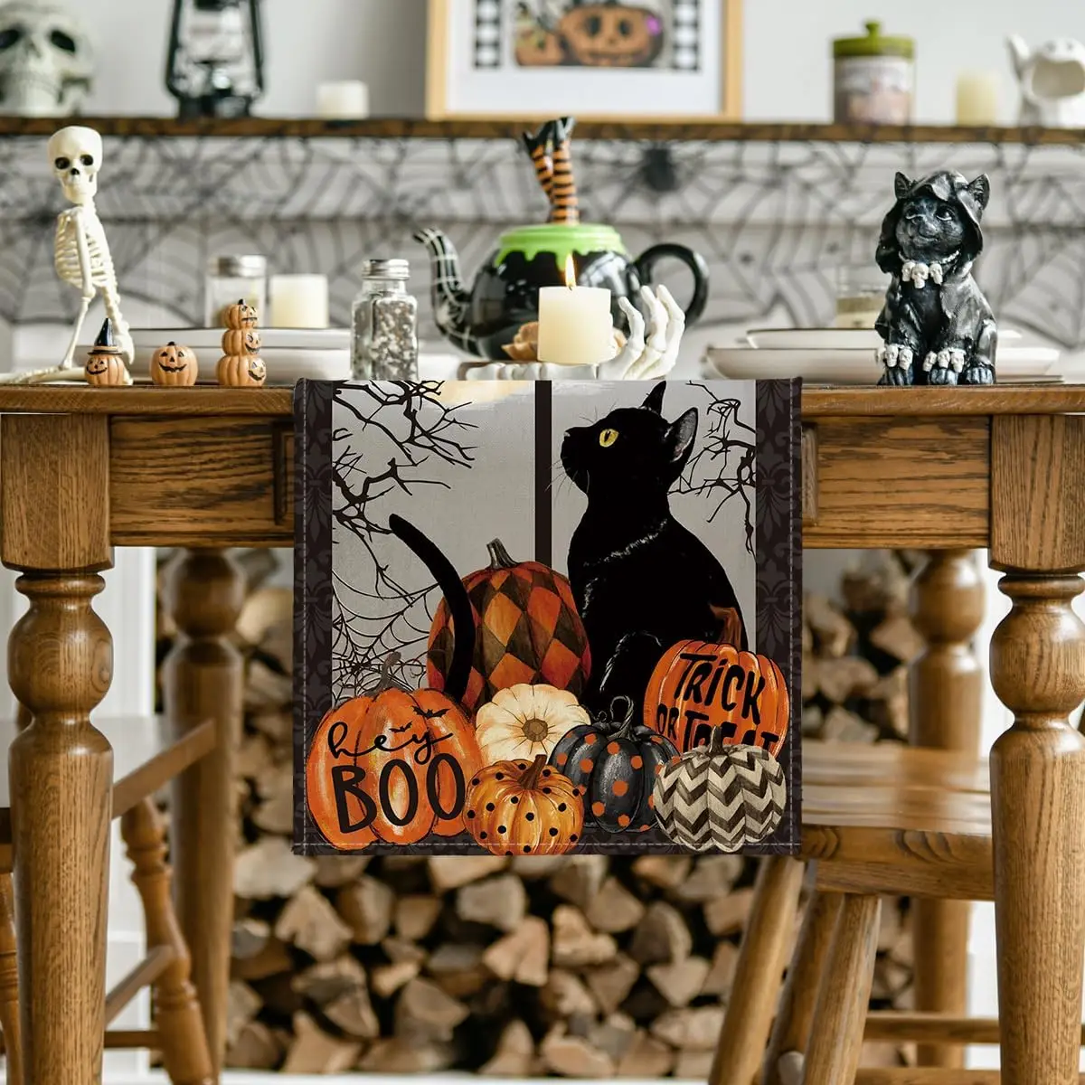 Chemin de table lin imprimé Halloween chats et citrouilles festifs – Image 3