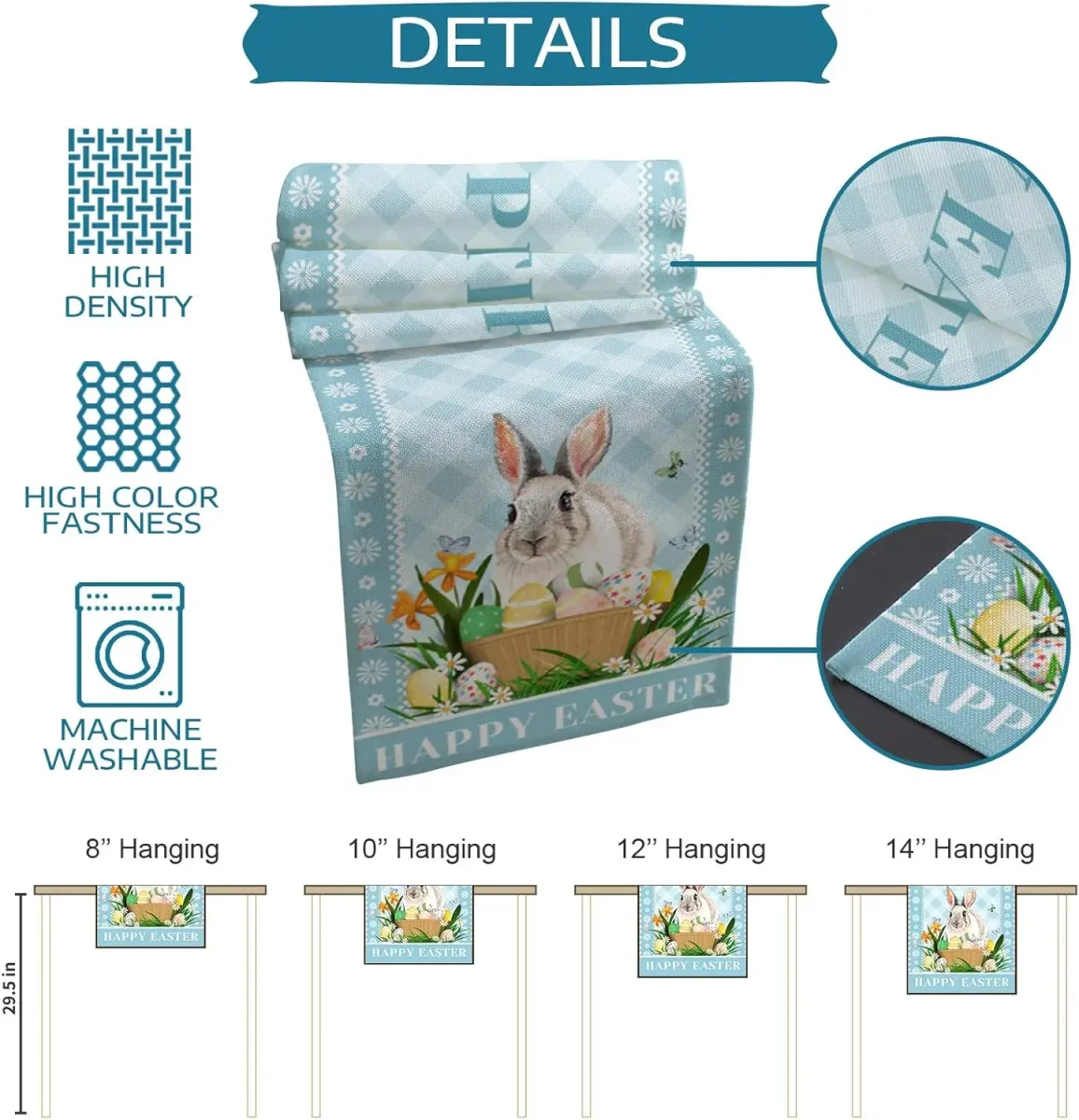 Chemin de table en lin imprimé lapin floral carreaux bleus – Image 7