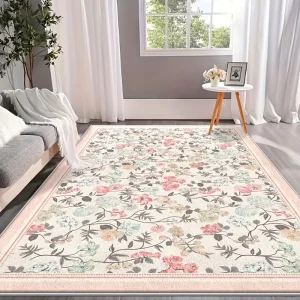 Tapis de salon grand format rose fleuri style pastoral pour décoration intérieure