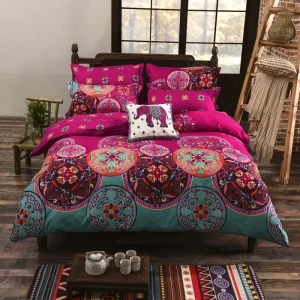 Parure de lit bohème imprimé floral Mandala 3 pièces - Housse de couette et taies d'oreiller
