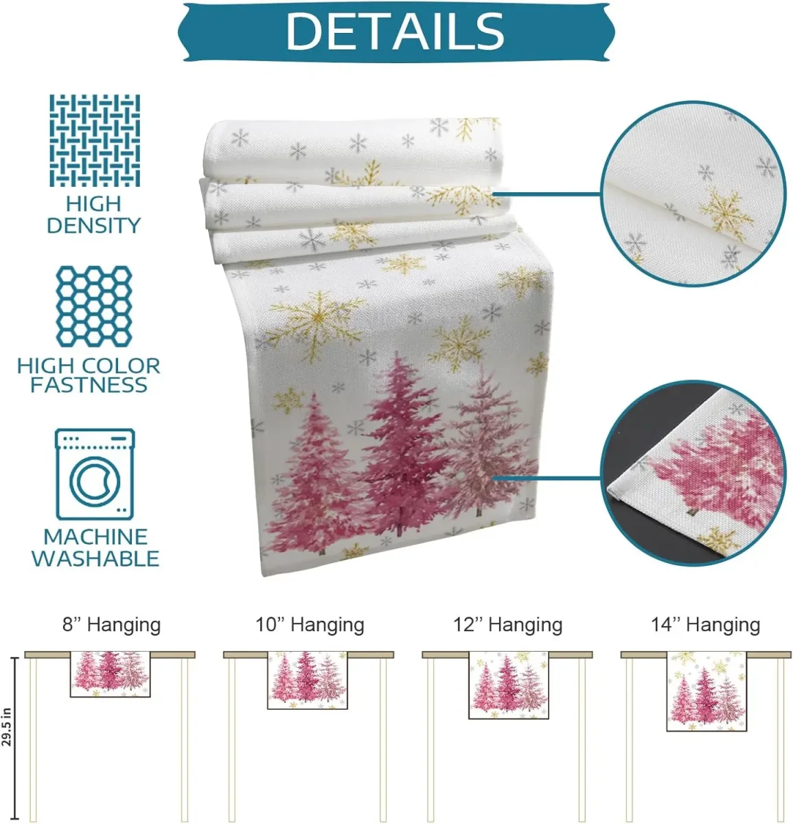 Chemin de table en lin imprimé sapin rose Noël élégant – Image 7