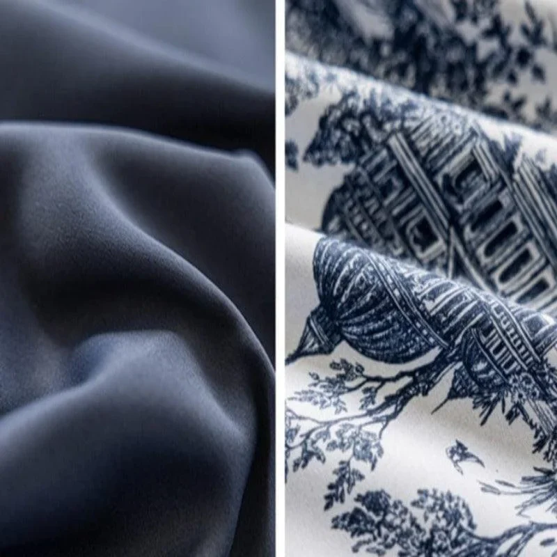Double rideau en polyester bleu marine motifs architecturaux